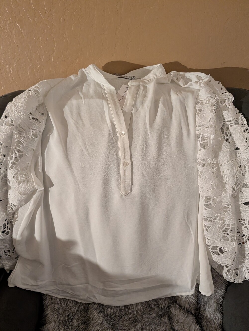 Notations White Lace Sleeve Henley Blouse